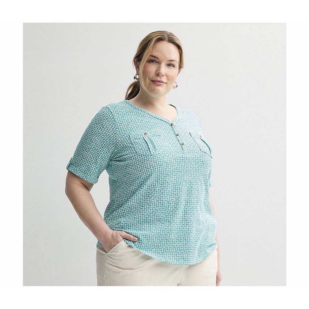 NWOT Croft & Barrow Elbow‎ Sleeve Utility Henley Top Teal 4X Plus Stretch Casual